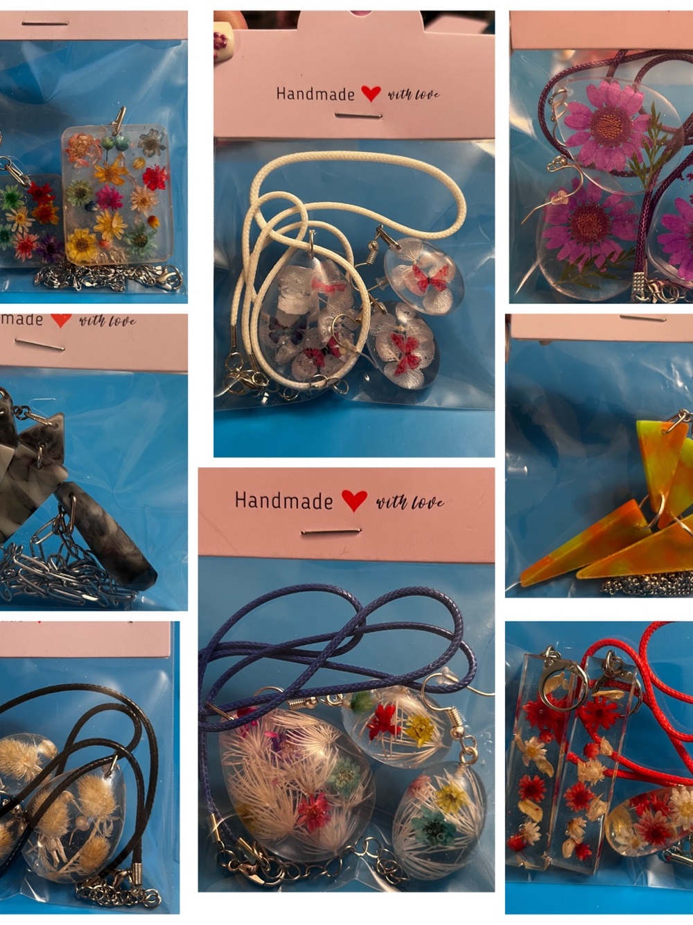 Handmade Resin Floral Necklace and Earring Set - Multicolor Flowers